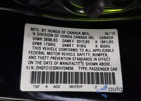 2019 Honda Civic Si from USA, damaged, VIN 2HGFC1E50KH704856